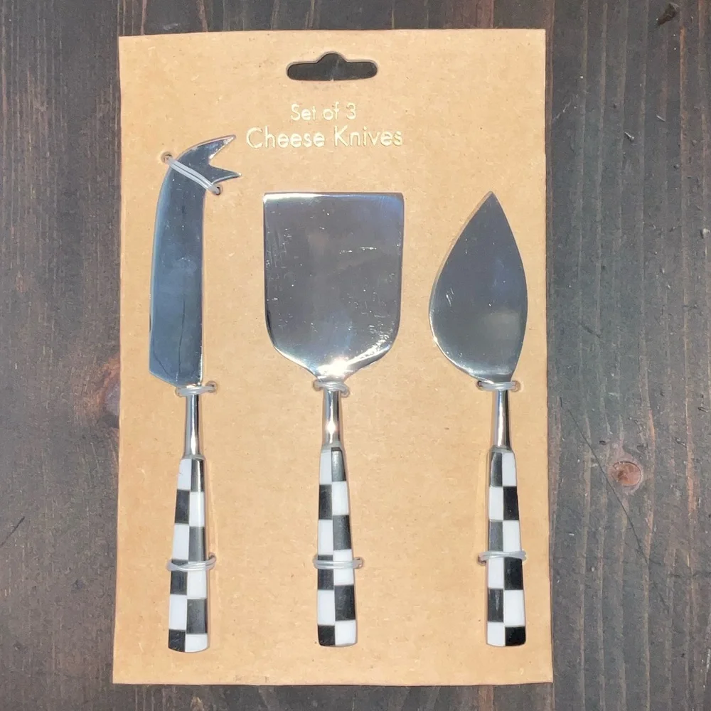 Black and White Checkered Set of 3 Cheese Knives